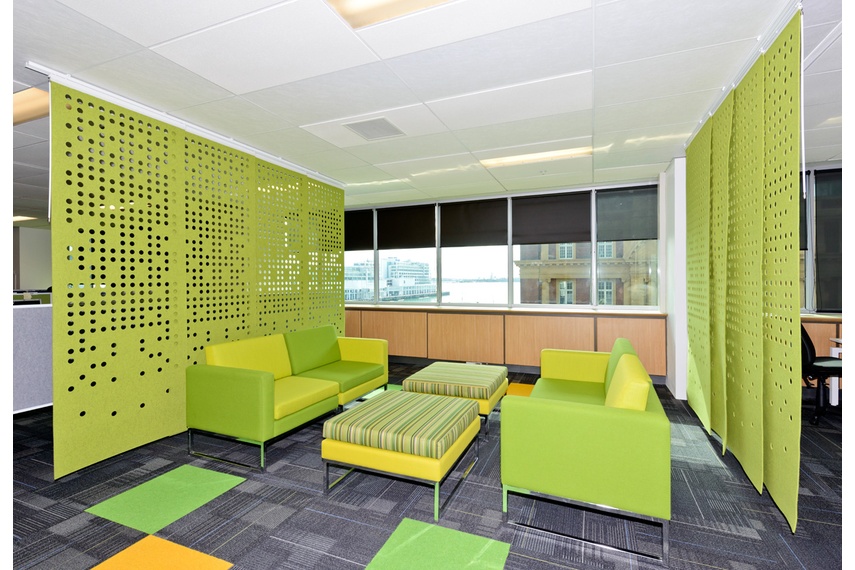 Perforated hanging panels in green