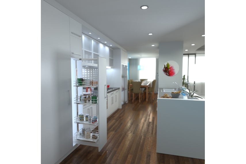 Giamo short pull-out pantry with solid base baskets.