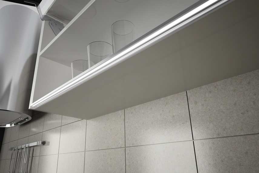 DOMUS Line Skyline LED lighting profile and integrated handle for installation under cabinet.