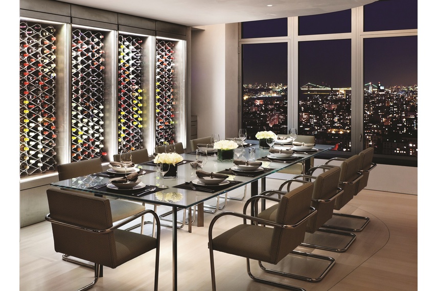 Echelon wine storage system as a back-lit wine wall.
