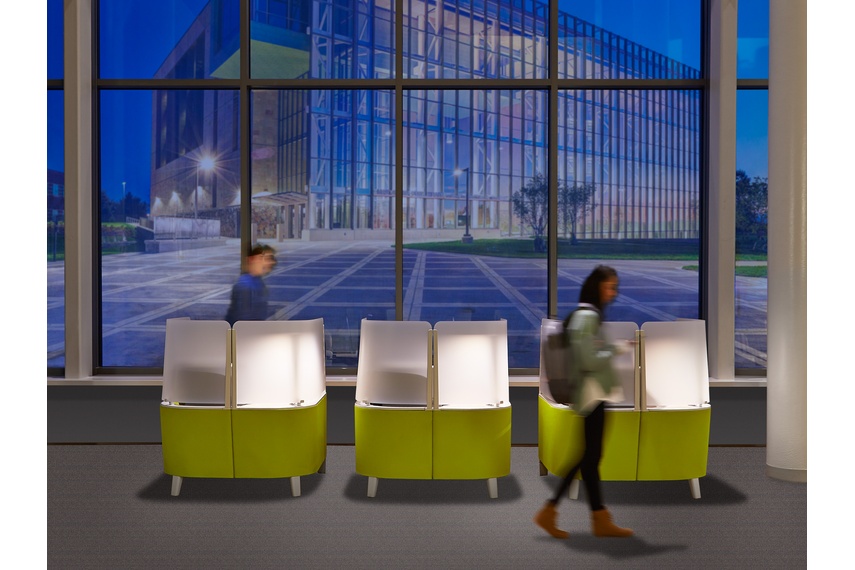 Integrates ergonomic comfort, power, personal storage and lighting.