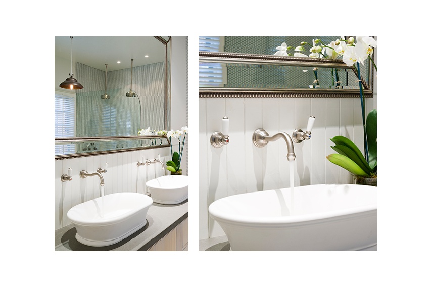 Perrin & Rowe Traditional wall mounted basin tap with white porcelain levers in pewter