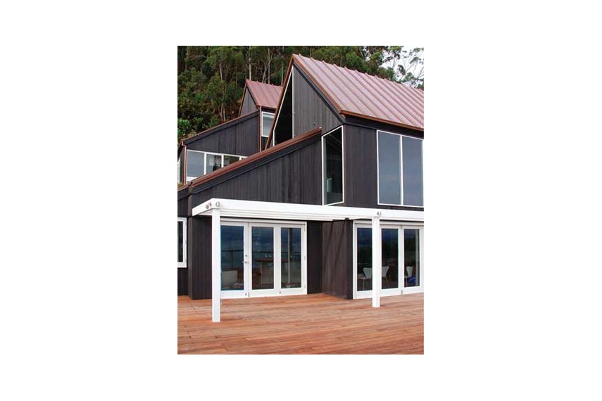 Exterior timber stained in Resene Waterborne Woodsman CoolColour tinted to Resene Pitch Black