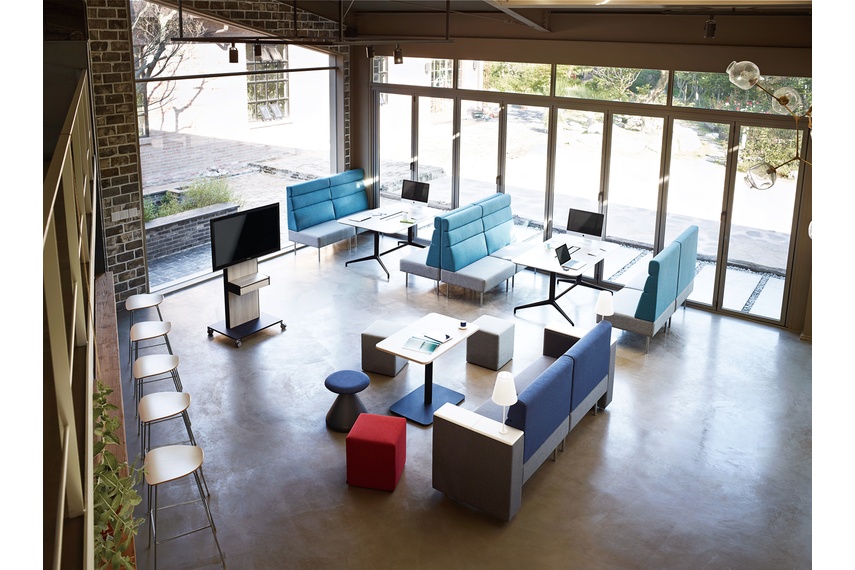 BeConn meeting & cafe tables, Square soft seating & BeConn swivel stools.