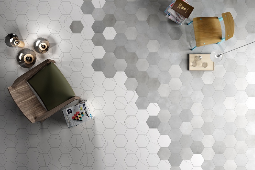 Marmo Bianco Terra Fumo Esagona tiles.