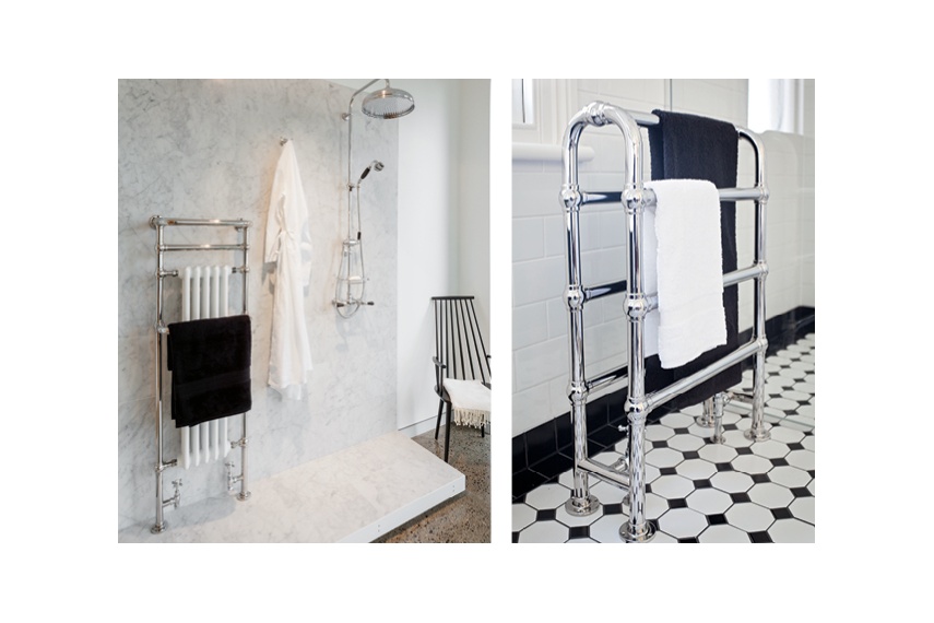 Hawthorn Hill radiator towel warmer (left) and arched towel warmer (right), custom sizes available