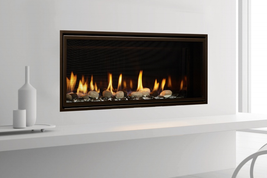 Mezzo 1000 by Heat & Glo with clean face trim in new bronze with ceramic stones.