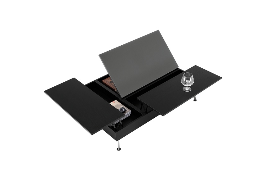 Open, black stained oak/dust grey glass/brushed steel legs