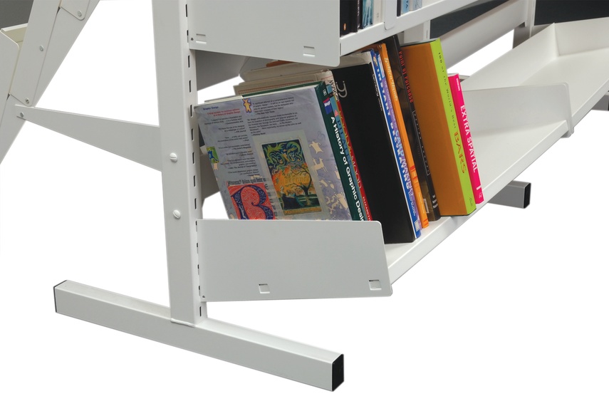 Uptilt shelf complete with endplates designed for easier viewing and access to books at lower levels