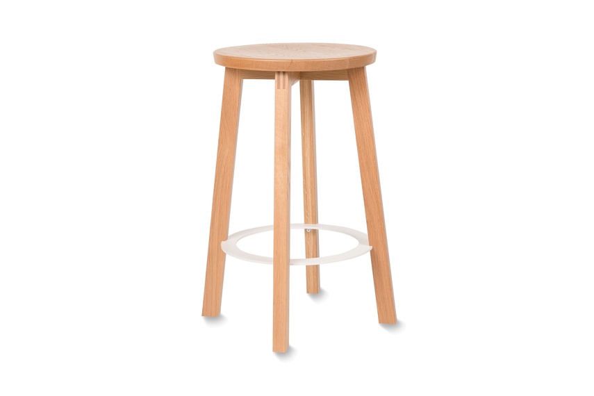 American oak mid stool with a white metal ring.