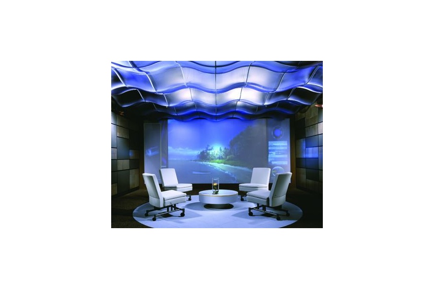 Topo 3-D luminous ceiling system transforms flat ceiling planes into gently rolling landscapes